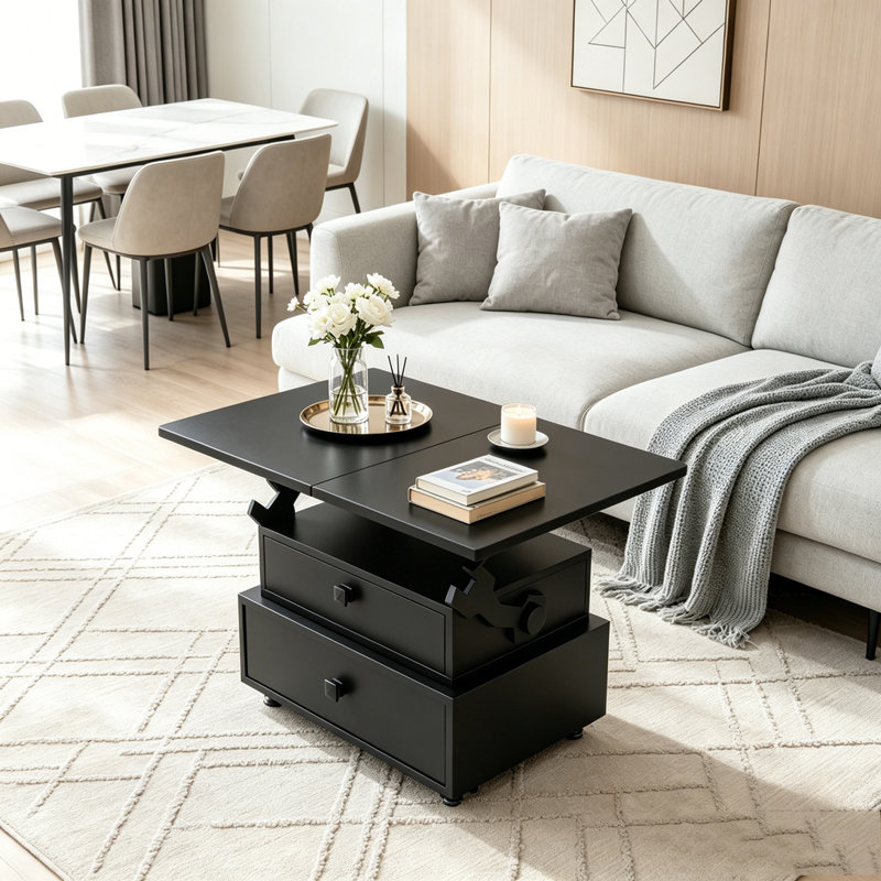 Table de bout roulante à hauteur ajustable ultrabrillante avec station de charge et plateau rabattable, Black