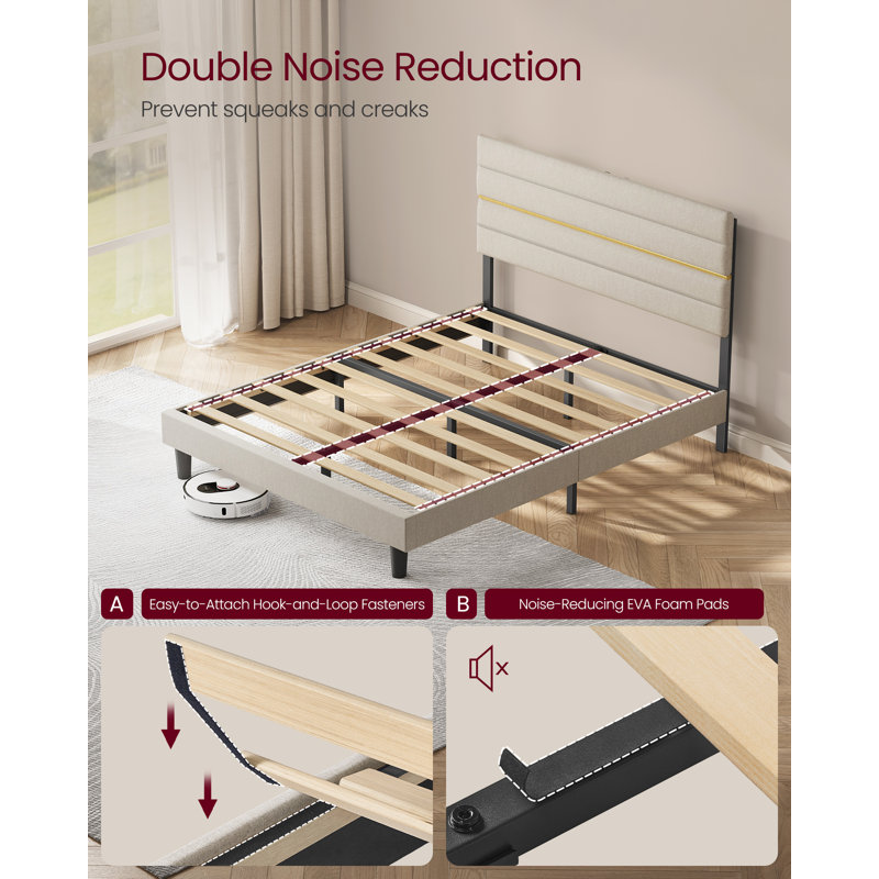 Upholstered Bed Frame with Adjustable Headboard, Beige