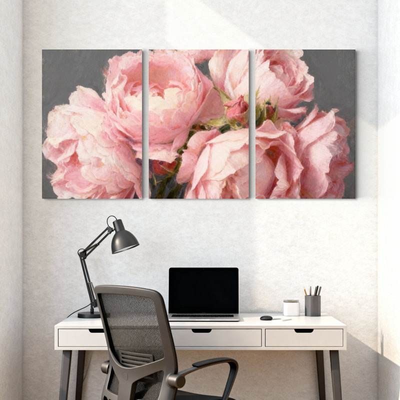 Pivoine roses roses, ensemble de 3 reproductions d'art sur toile, H 18 po x l 36 po