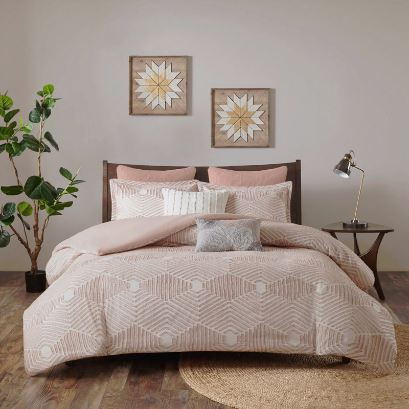 Ensemble d'édredon en coton jacquard rosé, Édredon double et 2 taies décoratives