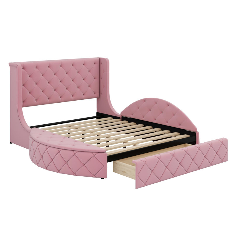 Lit plateforme tapissier avec tête de lit à oreilles et 1 grand tiroir, 2 tabourets de rangement latéraux, Rose