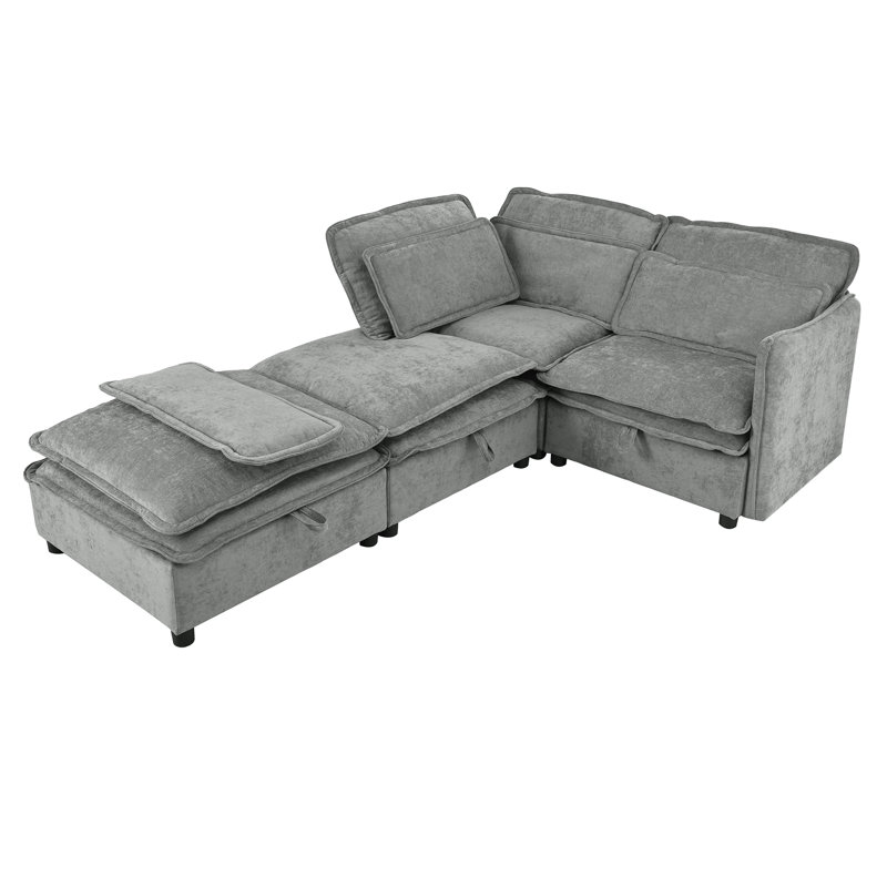 Canapé modulaire 4 places avec coussins, Polyester gris