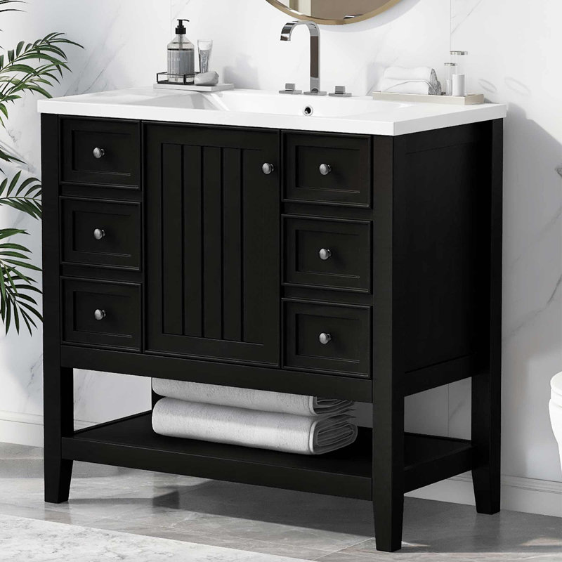 Leiding 36 " W Freestanding Standard 1 Single Vanity Bathroom Vanity With Ceramic Top, Black