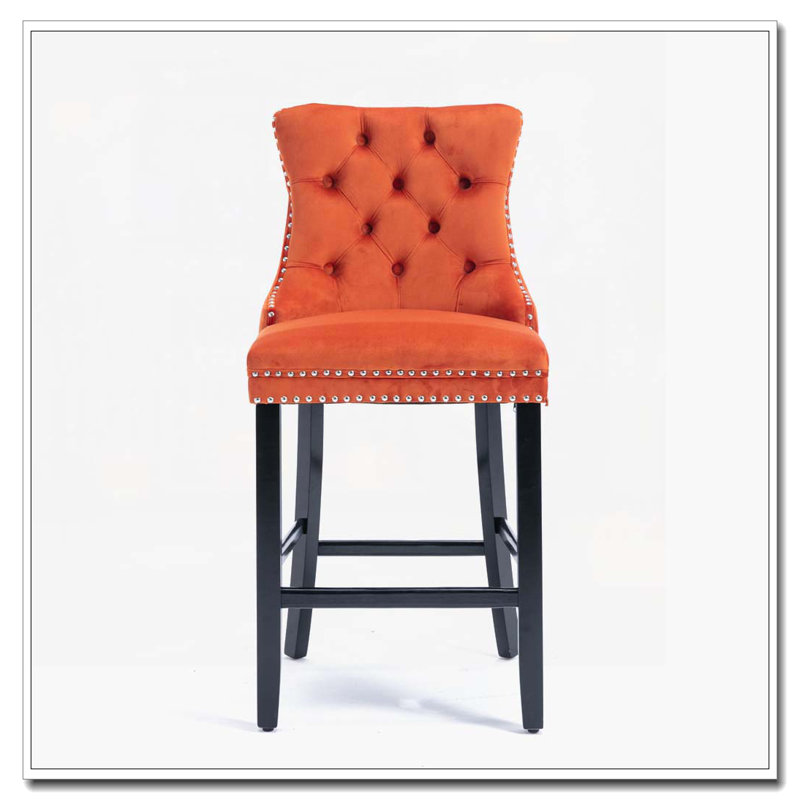 Tabourets de bar rembourrés en velours avec décoration capitonnée et pieds en bois, Noir, Orange