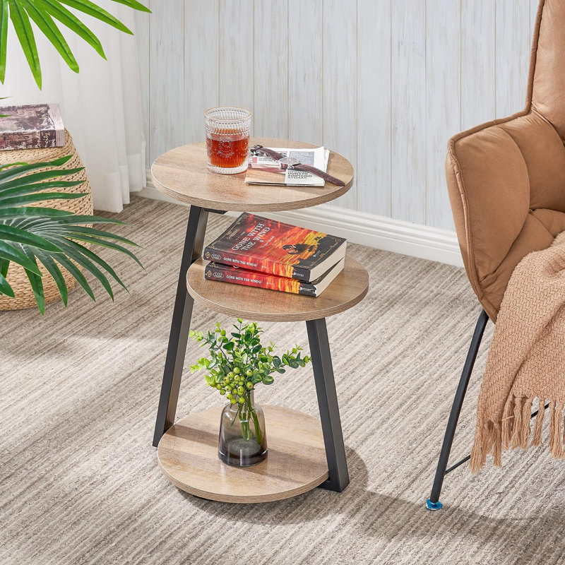 Round End Table Side Table with Metal Frame, Accent Bedside Table Nightstand with 3-Tier Shelves, Brown, Natural