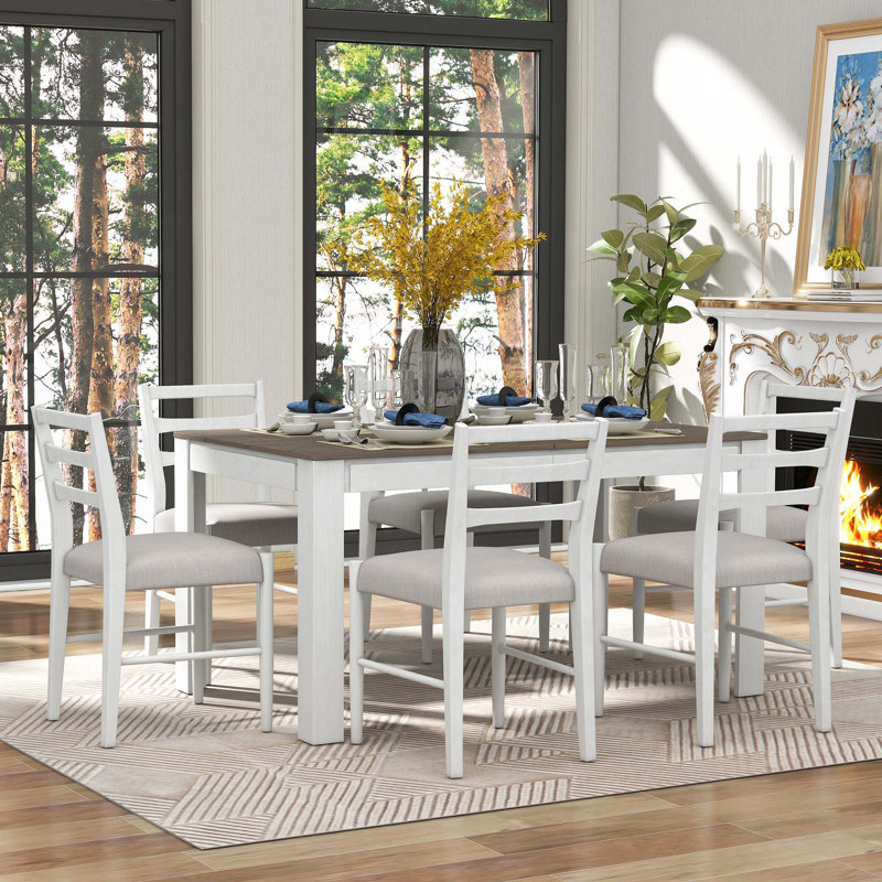 Ensemble de table de salle à manger 7 pièces avec rallonge 12 po, Brun / Blanc