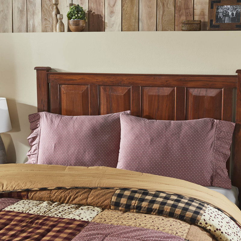 Burgundy Cotton Ruffled Standard Pillowcase Set with White Dots