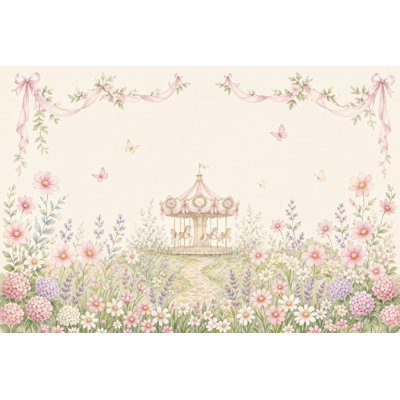 Papier peint carrousel rétro pastel aquarelle amovible, décoration murale de chambre de bébé