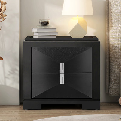 Mid-Century Modern Nightstand, 2 Drawers Wide Sofa Side Table,Wood Diamond Shaped End Table With Storage,Closet With Heavy Duty Base,Small Bedside Table For Bedroom,Living Room,Entrance,Black