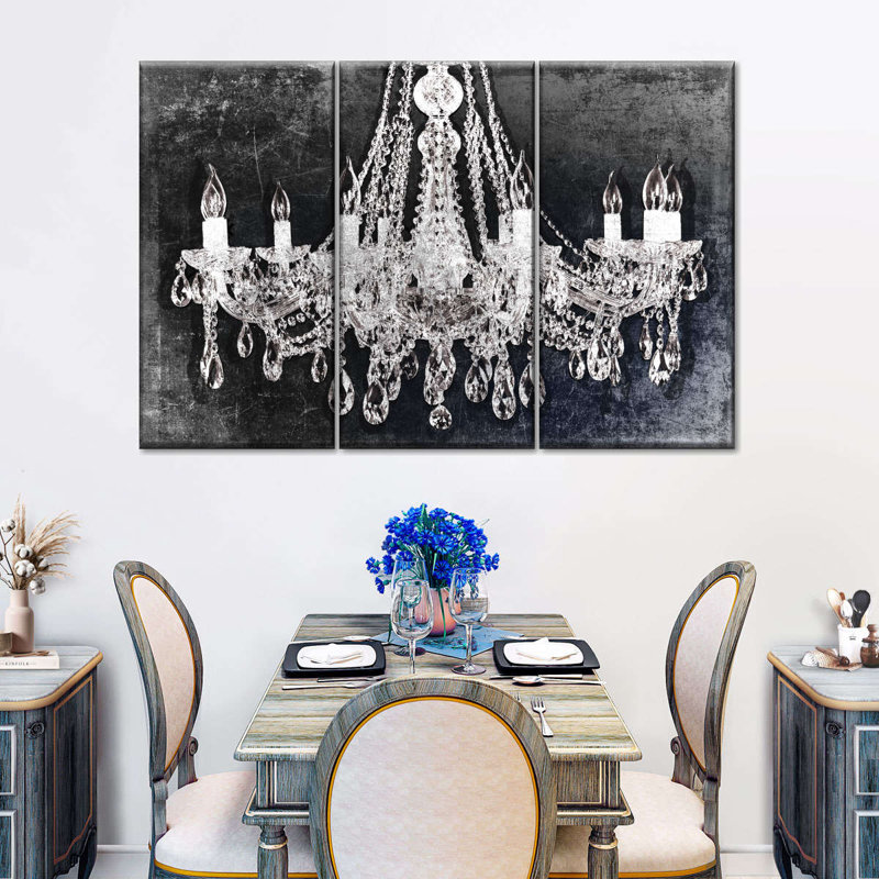 Ensemble 3 pièces de lustre en cristal grunge sur toile, H 24 po x l 38 po x P 1,25 po