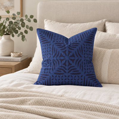 Housse de coussin décorative 100 % coton appliqué floral géométrique bleu