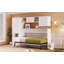Lit escamotable simple avec tablettes ouvertes, tiroirs de rangement, armoire et table intégrées, blanc