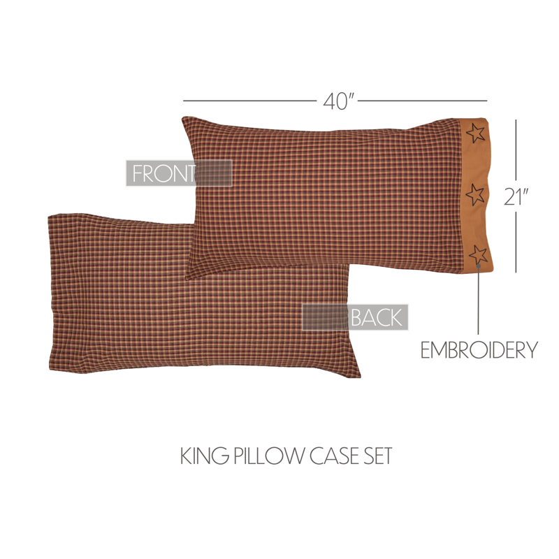 King Size Red and Tan Plaid Embroidered Cotton Pillowcase