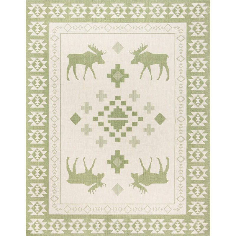 Solterra Timberhall Palm Green Cream Beige Rustic Lodge Moose Flatweave Polypropylene Indoor/ Outdoor Area Rug