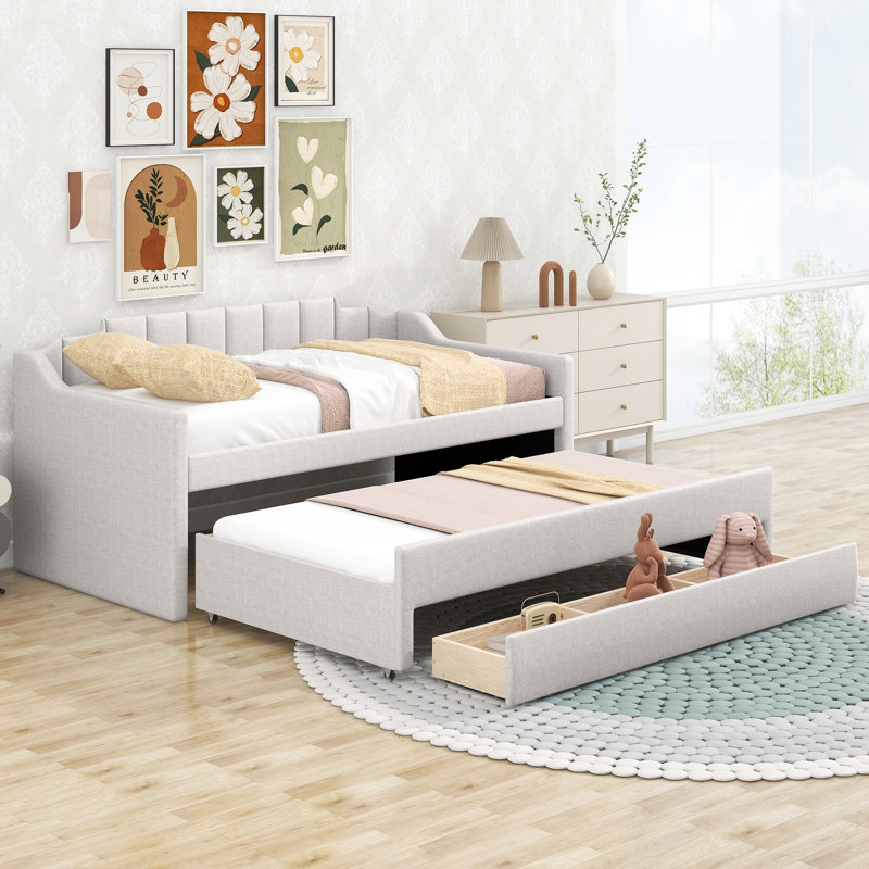 Lit de jour simple tapissier avec couchette et trois tiroirs, beige, Beige