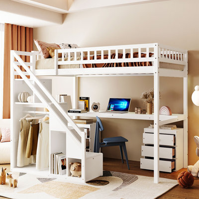Loft Bed with Two Chest of Drawers, Desk and Light Strip