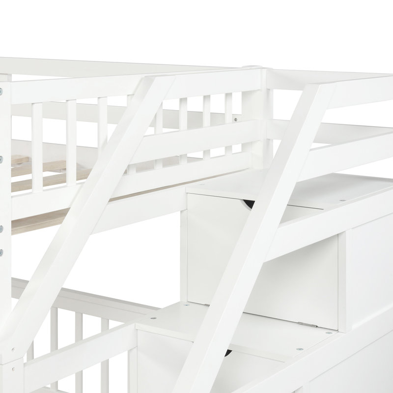 Lit mezzanine simple au-dessus d'un lit double blanc - Spacieux sous la surface, idéal pour le jeu ou le rangement avec escalier blanc, multifonctionnel