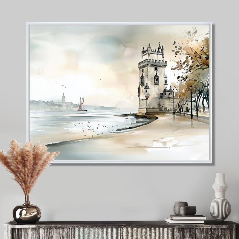 Belm Tower In Portugal - Portugal, art mural pour le salon, H 34 po x l 44 po, Cadre flottant blanc
