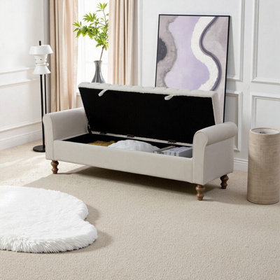 65.55" Wide Modern Upholstered Storage Bench with Rolled Armrests - Beige Fabric Storage Bench with Rubberwood Legs for Living Room, Bedroom, Entryway & Dorm