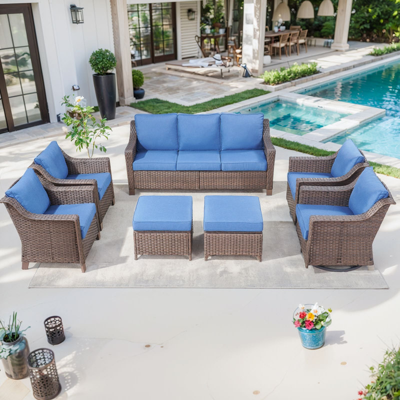 Jenesys Outdoor Wicker Sofa Set With Club & Swivel Glider Chairs - Comfortable, Durable, Blue
