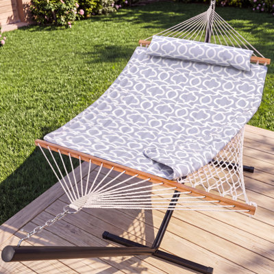 Hamac pour 2 personnes en polyester avec support, coussin et corde à double couche avec coussin amovible, capacité de 500 lb, pour l'extérieur intérieur - motif gris-blanc