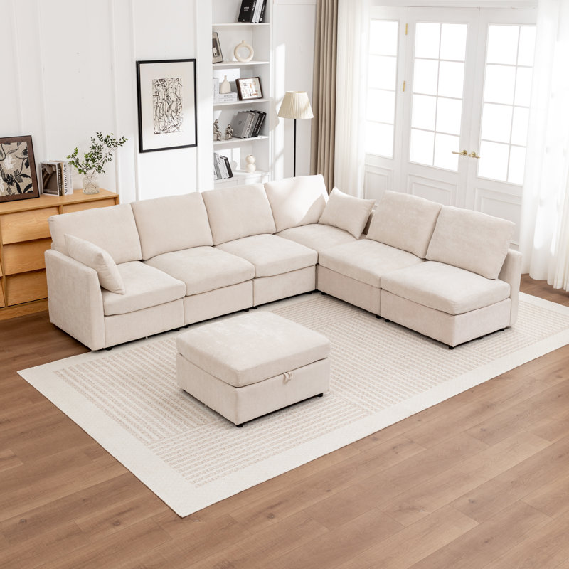 Miller 7 - Piece Upholstered L-Shaped Sectional With Storage Ottoman, Beige
