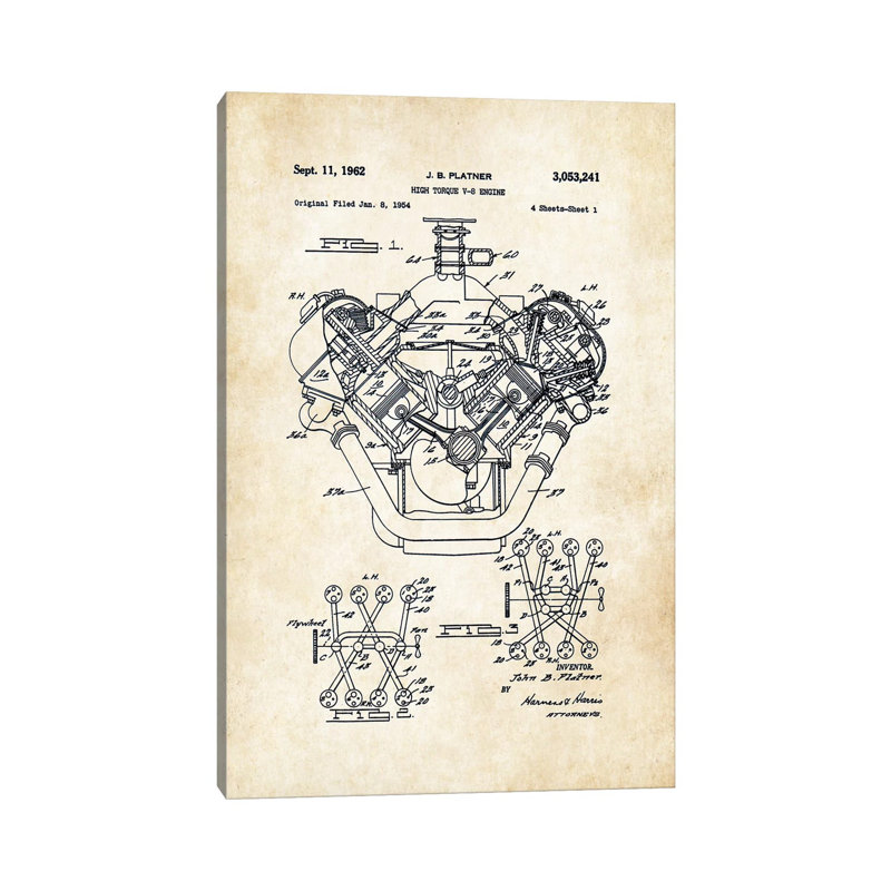 «426 Hemi Engine» par brevet77 - reproduction de dessin sur toile tendue, H 18 po x l 12 po x 1,5 po