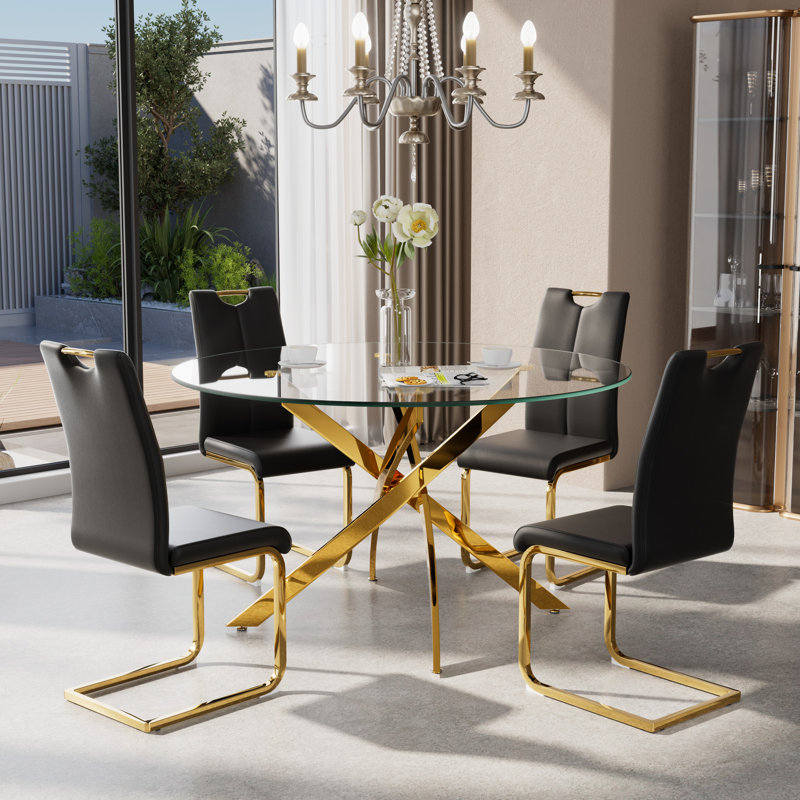 Ensemble de salle à manger 5 pièces, H 29,5 po x L 47 po x l 47 po, Noir / doré, Doré
