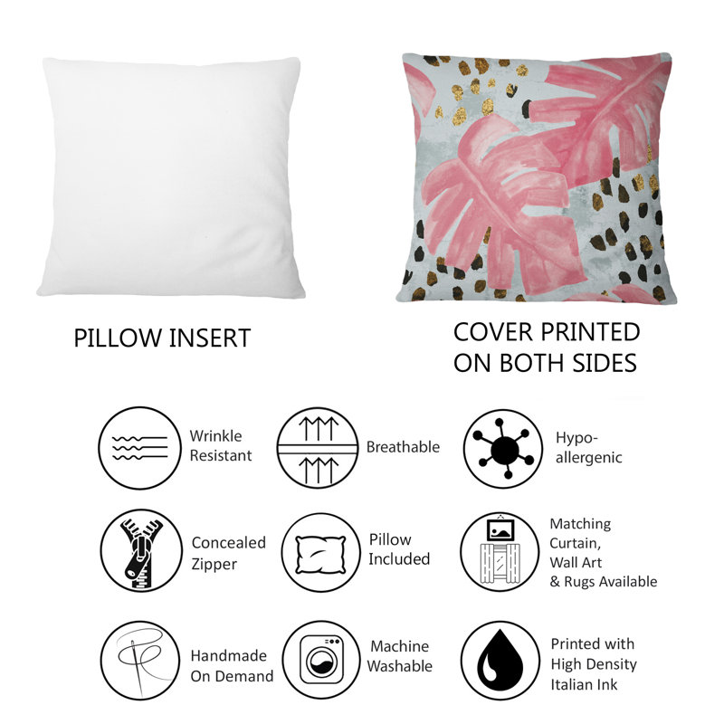 Rectangle, rose Monstera sur les coups de pinceau rugueux II - coussin décoratif imprimé tropical