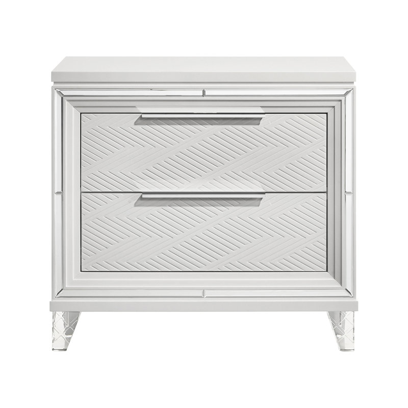 Table de chevet Mory, 2 tiroirs, motif à chevrons en relief blanc, chrome