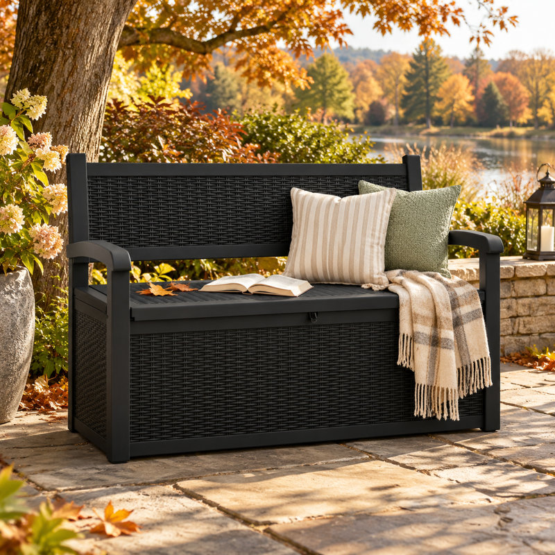 75 Gal Resin Rattan Lockable Outdoor Storage Bench For Patio, Garden, Porch - Weather-Resistant, Uv-Protected, Hidden Storage