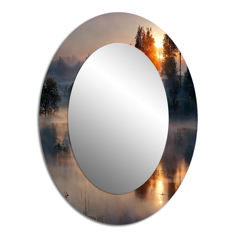 Morning Fog Over The Lake Sunset III - Yellow Oval Wall Mirror Decor, 40" x 30"