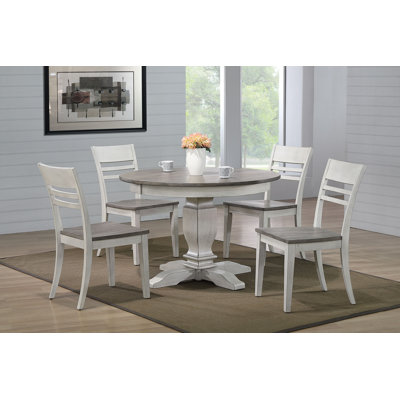 Ifrain 5-Piece Round Dining Set – 45" Ash Wood Table & 4 Ladder-Back Chairs in White and Grey Finish