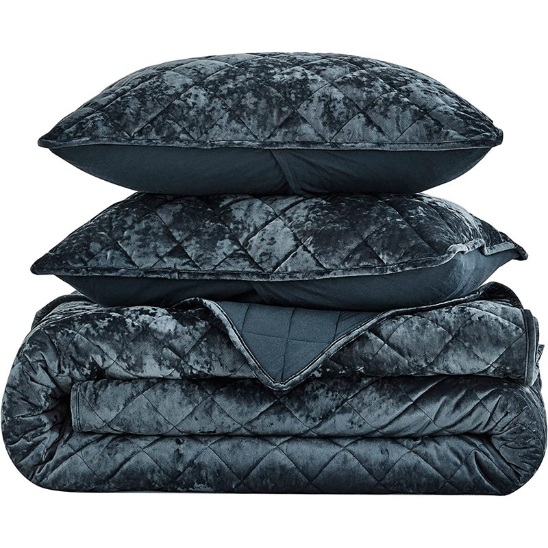Diamond Stitch Reversible Plush Distressed Velvet Quilt Set, King Quilt + 2 King Shams, Storm Blue