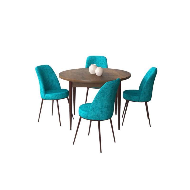 Ensemble de table et chaises de salle à manger moderne 5 pièces, baroque et turquoise | Table en carton 100% enduit de mélamine, table: 35,4 po x 29,5 po x 35,4 po | Pieds en métal, chaises en tissu Jerry, sièges confortables en mousse, idéal pour les salles à manger élégantes