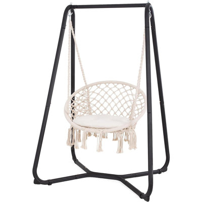 Chaise de patio beige avec support et coussin - Balancelle robuste pour chambre à coucher, capacité de 330 lb