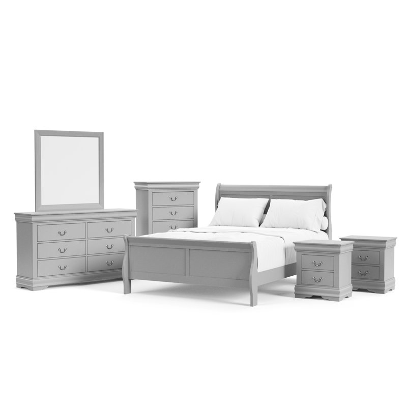 Ensemble de chambre à coucher Extula, Gris, Grand, Six articles : lit, deux tables de chevet, deux c