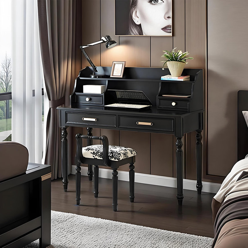 Bureau d'écriture rectangulaire noir en bois de frêne massif avec une chaise et 4 tiroirs, 44.09" H x 31.5" W x 19.69" D