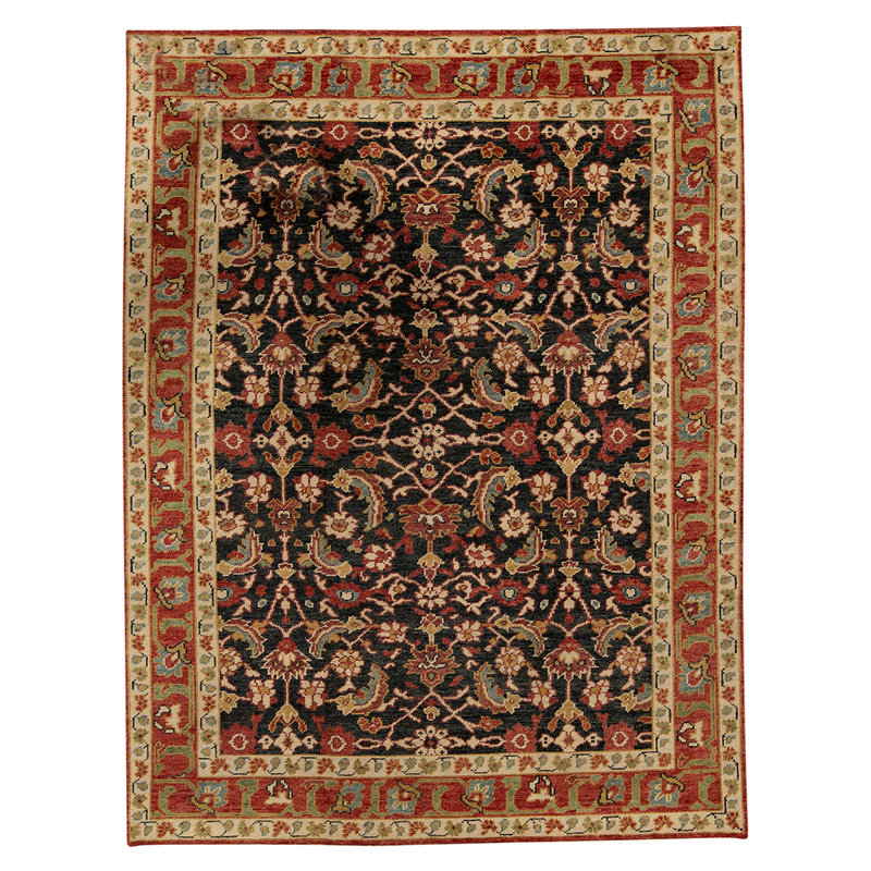 Tapis bleu marine / rouge / brun en laine noué à la main de conception unique 8 pi 10 po x 11 pi 9 po