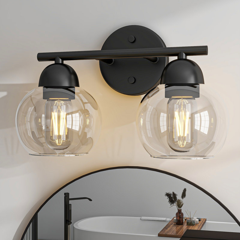 Daryll 2-Light Spherical Glass shade Vanity Light, Clear, 2 Lights, Matte Black
