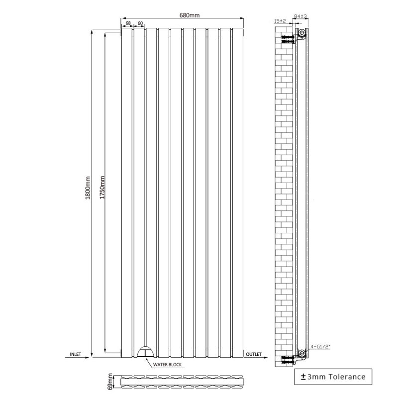 Shonna Vertical Double Flat Panel Radiator, Normal Black, 180cm H x 68cm W