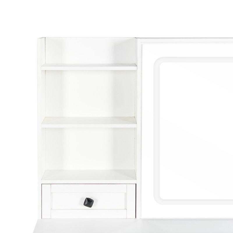 Coiffeuse blanche avec multiprise et 3 grands tiroirs de rangement, lumières, tiroirs de maquillage, éclairage réglable, tendance