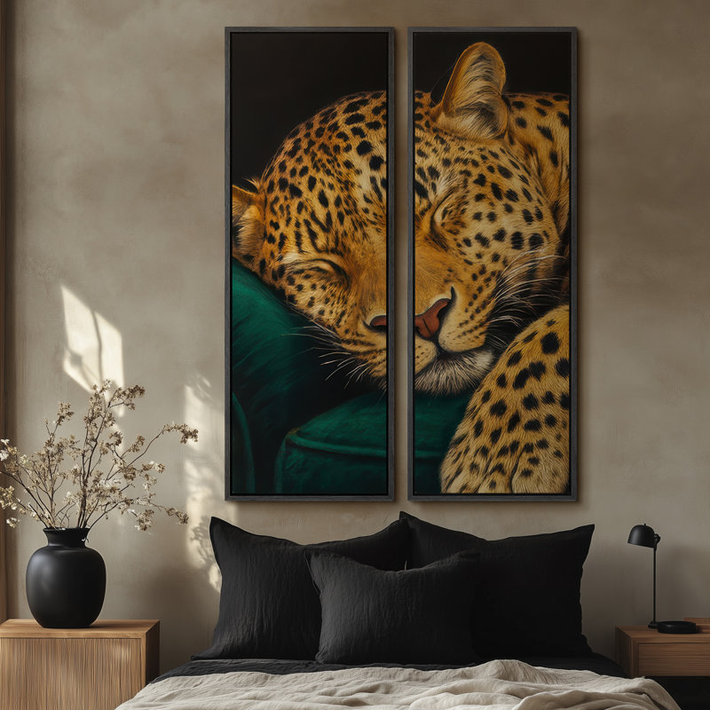 «Sleeping Leopard on Emerald Sofa Art», ensemble de 2 reproductions d'art encadrées sur toile 60 po x 20 po x 2 pièces, Noir