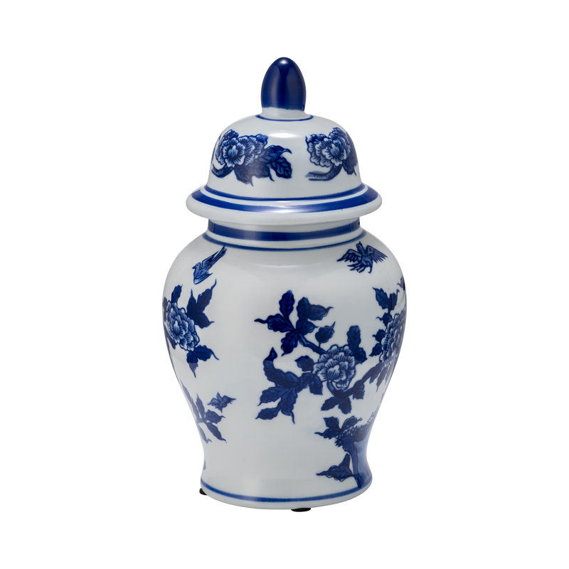 Pot à couvercle en céramique Gherghina Chinoiserie, H 10 po x l 5 po x P 5 po
