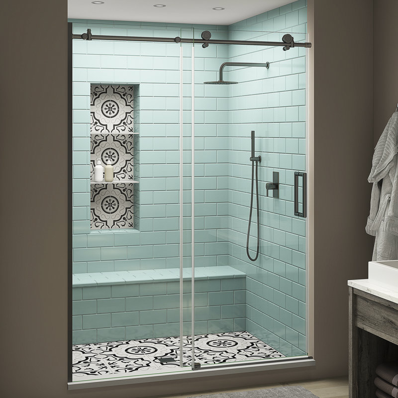 Coraline XL 68" W x 80" H Single Sliding Frameless Shower Door, Right Opening, Oil Rubbed Bronze