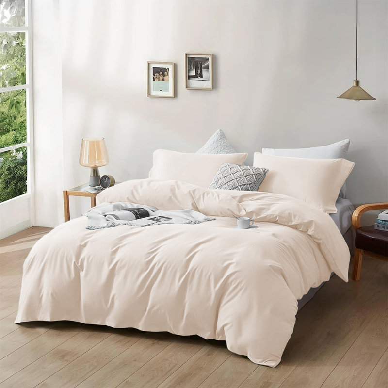  Ensemble de housse de couette réversible en microfibre ultra-douce 200 TC avec taies d'oreiller, Crème, crème