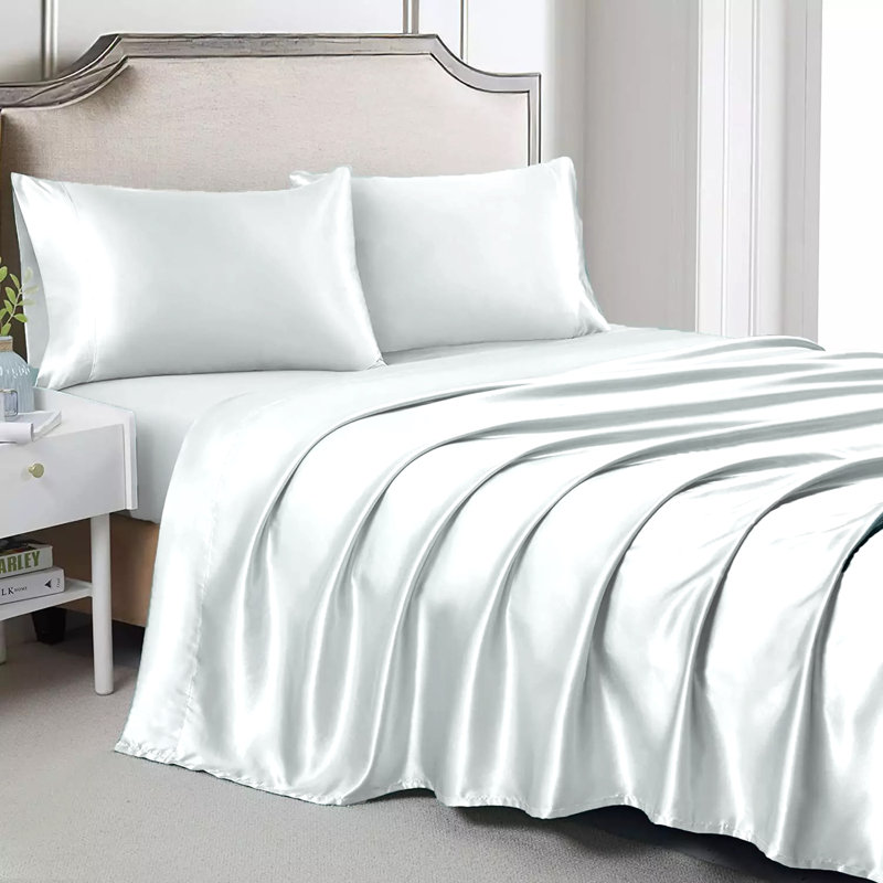  Rose Collection Luxury & Silky 4-Piece Satin Sheet Set - 6 Colors, Queen, White