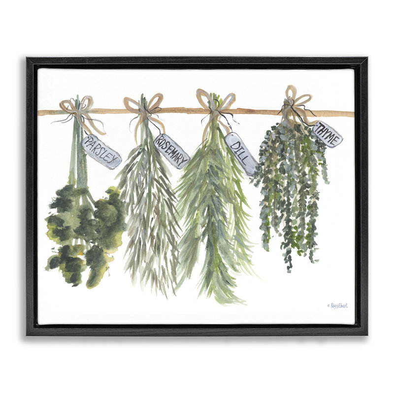 "Hanging Kitchen Herbs", art mural encadré flottant par Roy Ebert, H 25 po x l 31 po, Cadre flottant noir de jais