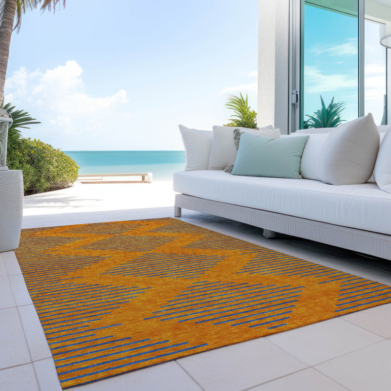 Orange and Blue Geometric Synthetic Washable Rug 46" x 30"