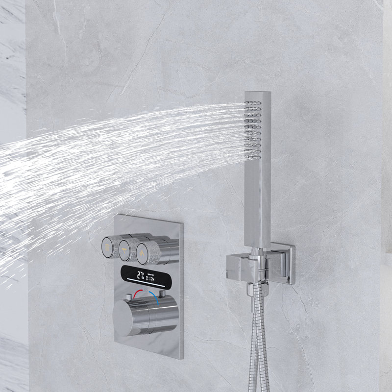 Système de douche thermostatique numérique chromé avec pomme de douche murale à 3 jets, débit d'eau en cascade et douche à main avec valve en laiton